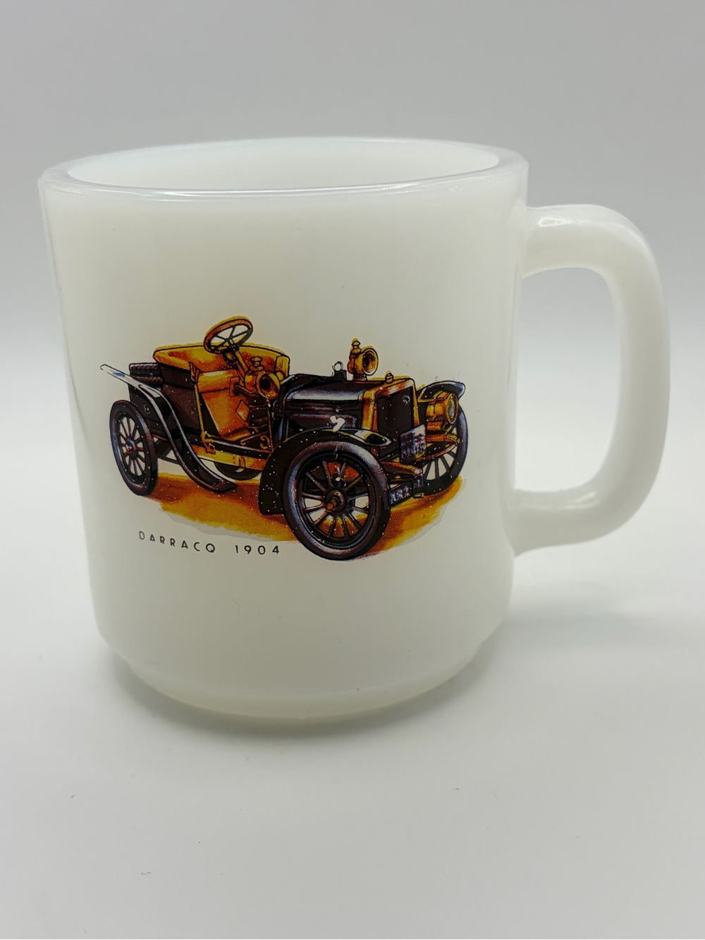 Darracq 1904 Antique Classic Car on a Vintage Milk Glass Mug